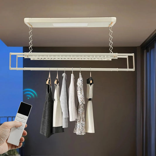 Linge électrique montant au plafond Séchoir à, tringle réglable 130-215 cm, télécommande 20 m, finition blanche cassé