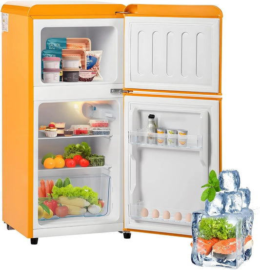 Réfrigérateur, volume total de 60 litres, 86,8 cm de hauteur, 45,5 cm de largeur, Yellow, congélateur combiné rétro: deux portes