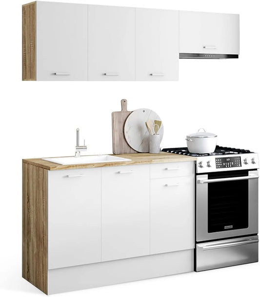IDMarket, Cuisine complète 180 cm Subtil avec Plan de Travail 5 éléments Bois et finition blanche