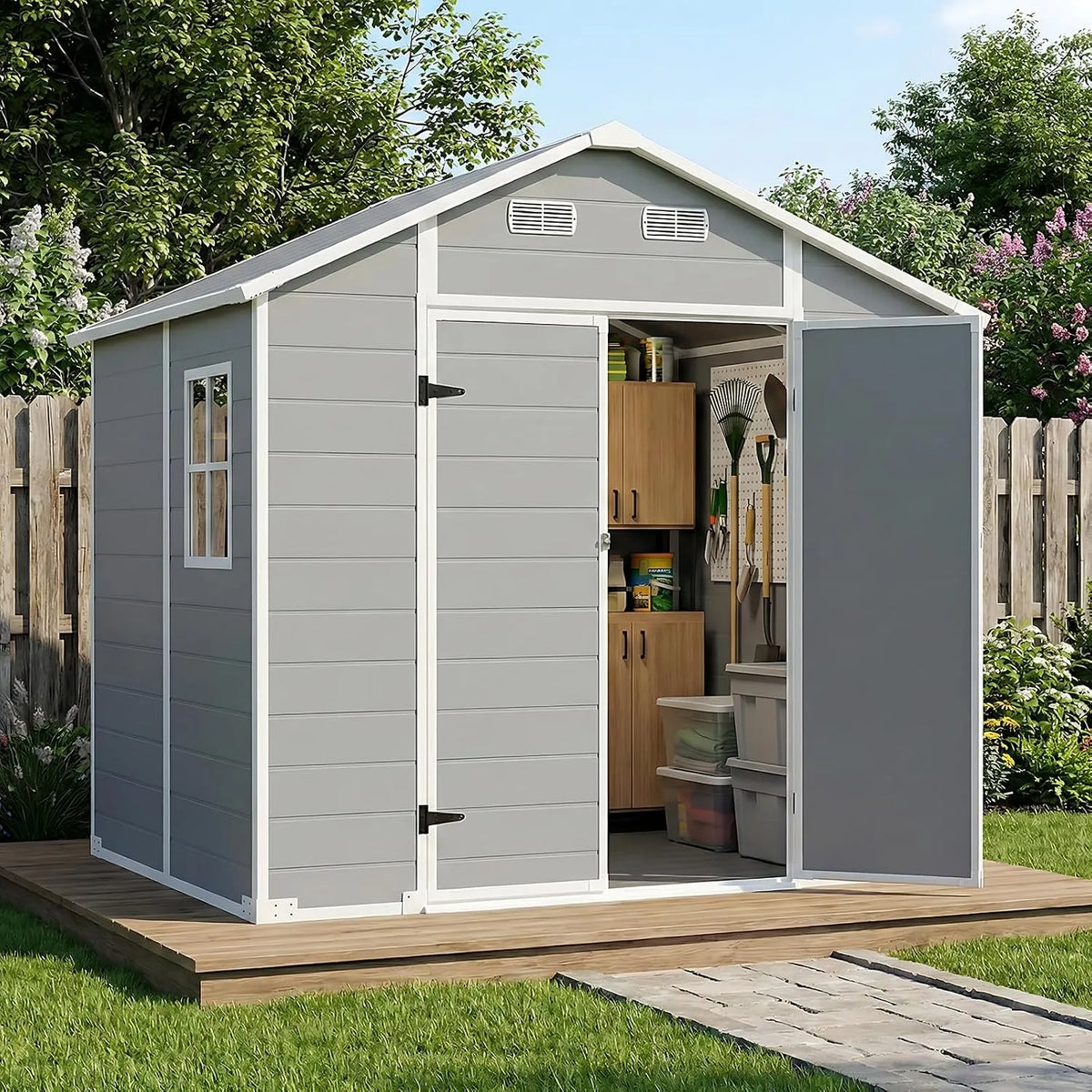 Abri de jardin, Larbanke Abri de rangement d'extérieur de 2,4 x 1,8 m avec sol, en résine avec porte verrouillable et ventilation d'air