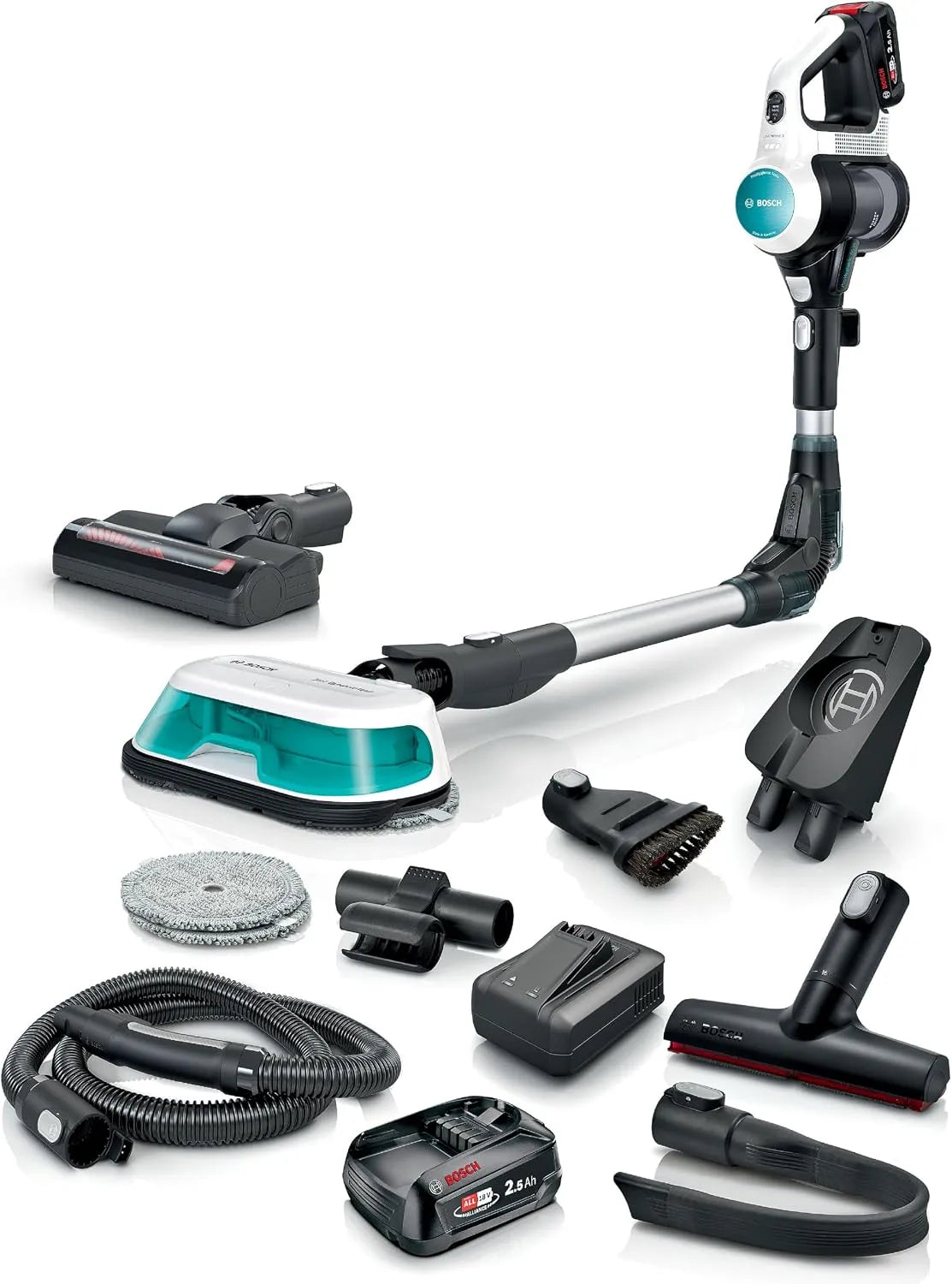 Bosch aspirateur sans fil BSS712XHYG, Aspiration et Nettoyage 2 en 1, Tube plié, Chargeur, Unlimited 7 ProHygienic Aqua, 2 Batteries
