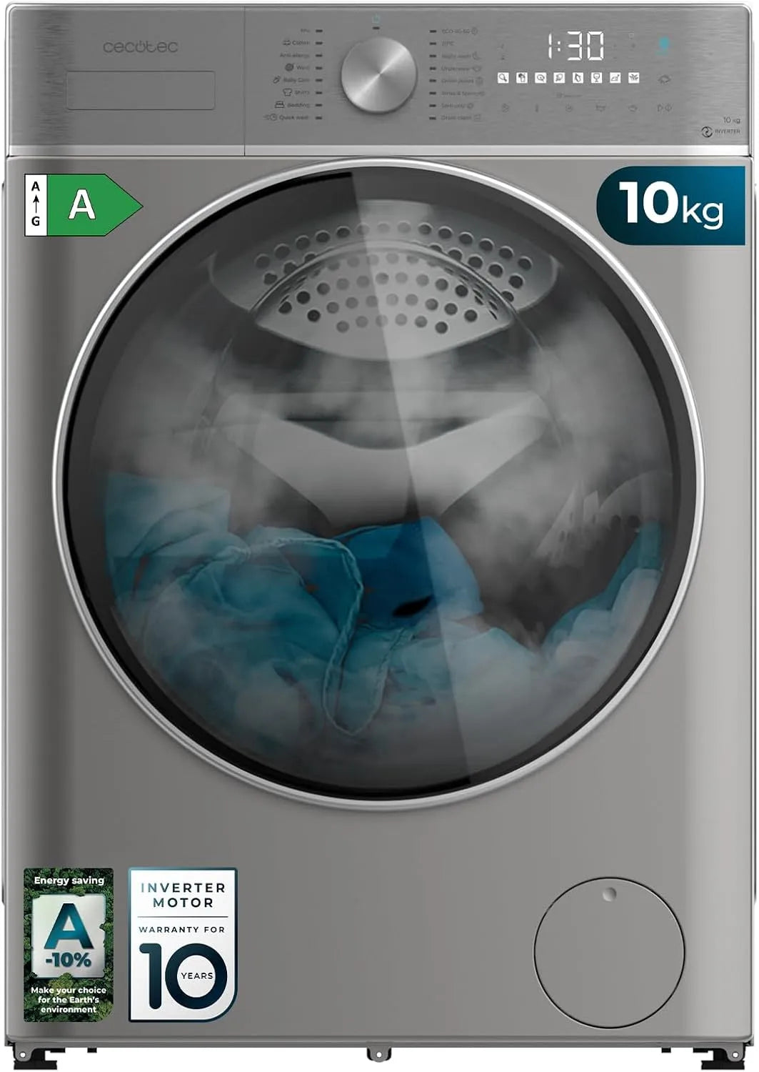 Cecotec lave-linge 10800, Moteur Inverter Plus, classe énergétique A, Lavage Intelligent et Détecteur de Charge, 16 Prog, Vapeur SteamMax