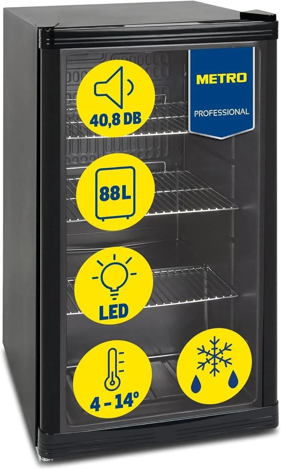 Réfrigérateur GPC1088 METRO Professional, dimensions 43 x 49 x 83 cm, capacité 88 L, à boissons, métal, verre, réfrigération statique, finition noire