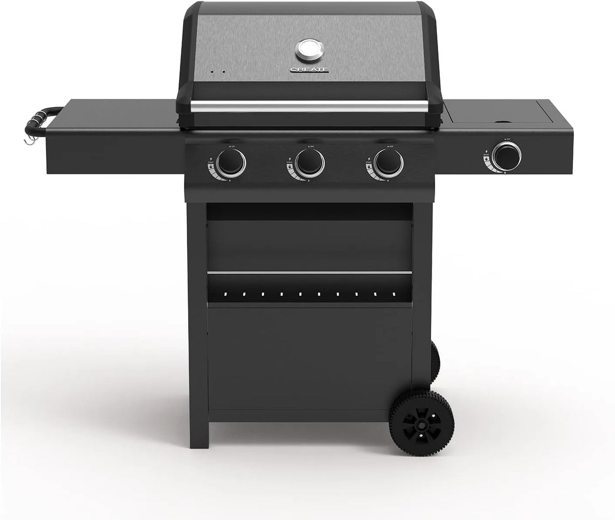 Barbecue à gaz, table d'appoint pliable, CREATE, grande surface de cuisson, grille de maintien au chaud, puissance 17kW, Allumage facile