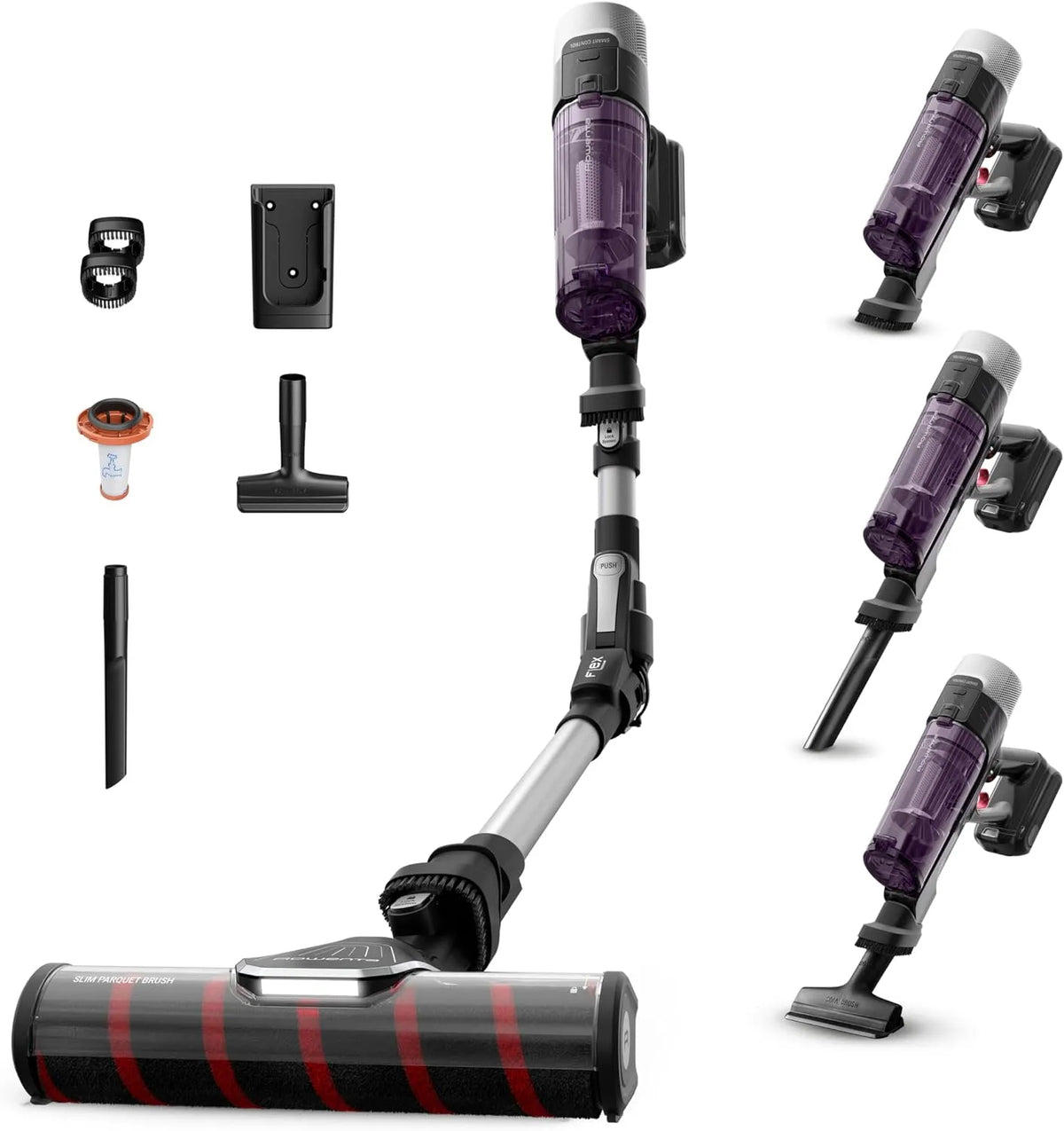 Rowenta aspirateur balai RH2047WO, Ultra léger, Autonomie 45 minutes, Violet, X-Force Flex 9.60, sans fil multifonction, Performant avec 100 AW