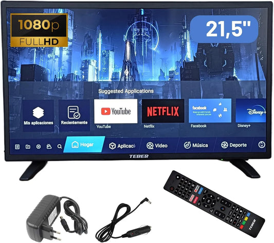 Téléviseur TEBER, T2, T. pour Camping-Cars, logements, Bateaux, Smart TV 21,5' avec Adaptateur 12 V et 230 V. Android Full HD DVB-S2, 22', Campers