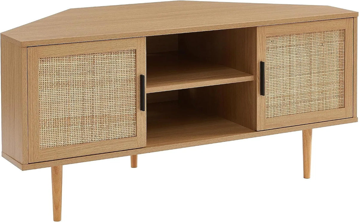 Meuble TV, d'angle Amana Effet chêne et cannage en rotin 2 Portes