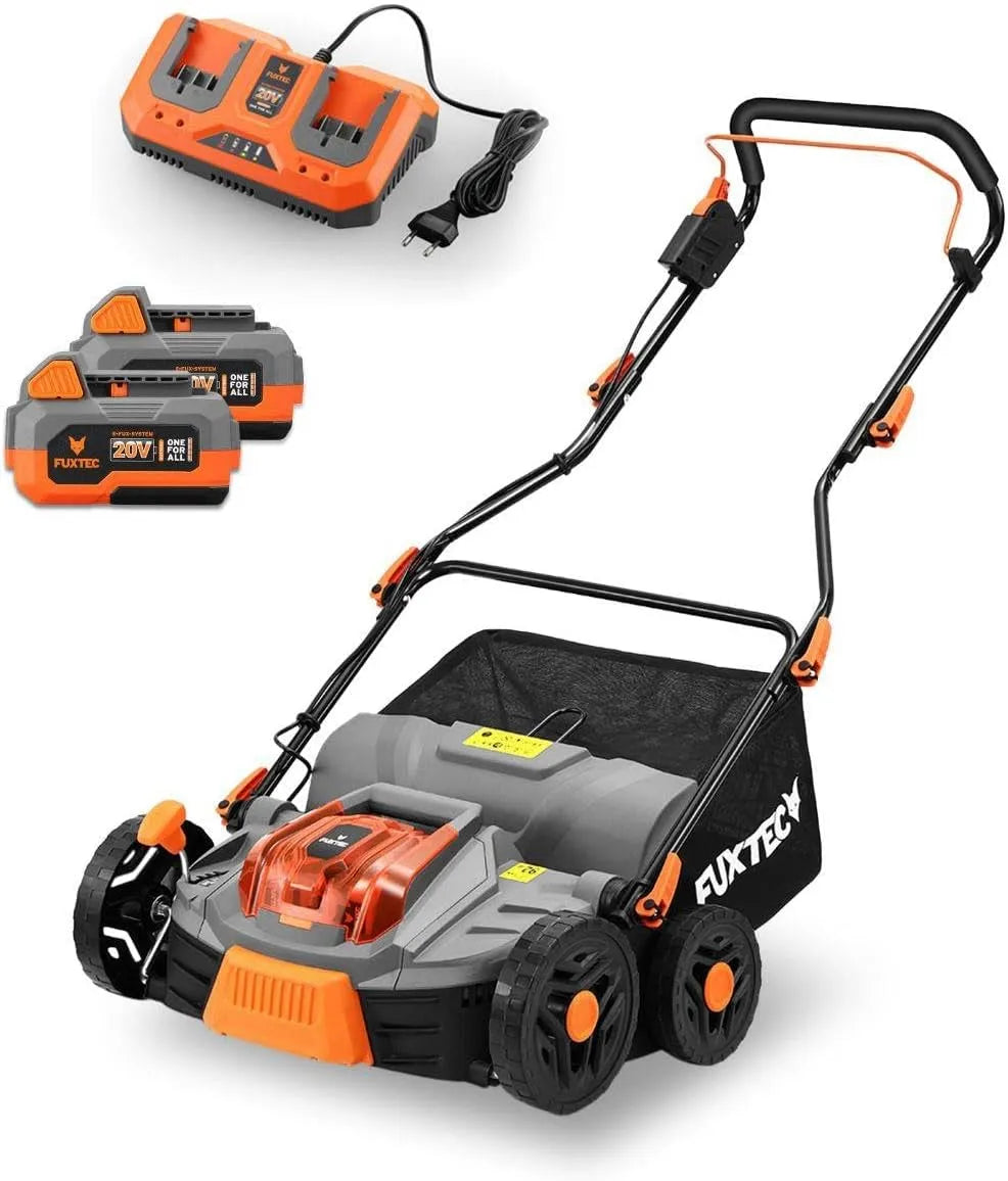 Fuxtec modèle FX-E2VE38SET, Panier 45 L, Aérateur à batterie 40 V, Largeur 38 cm, 2 piles incluses, 2 en 1 Aérateur et Scarificateur