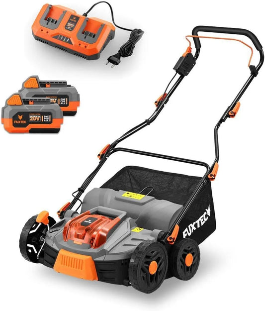 Fuxtec modèle FX-E2VE38SET, Panier 45 L, Aérateur à batterie 40 V, Largeur 38 cm, 2 piles incluses, 2 en 1 Aérateur et Scarificateur