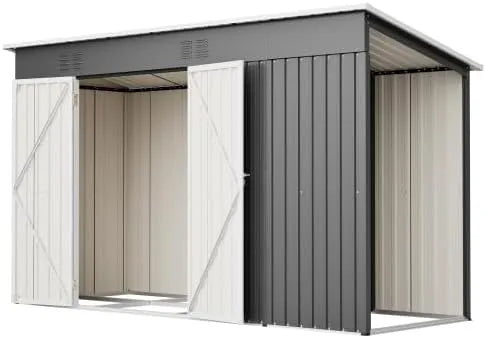 Abri de jardin, vélos, double porte avec serrure, skis et poubelles, les cour et les, en métal de 10 x 4 m, acier galvanisé, finition grise