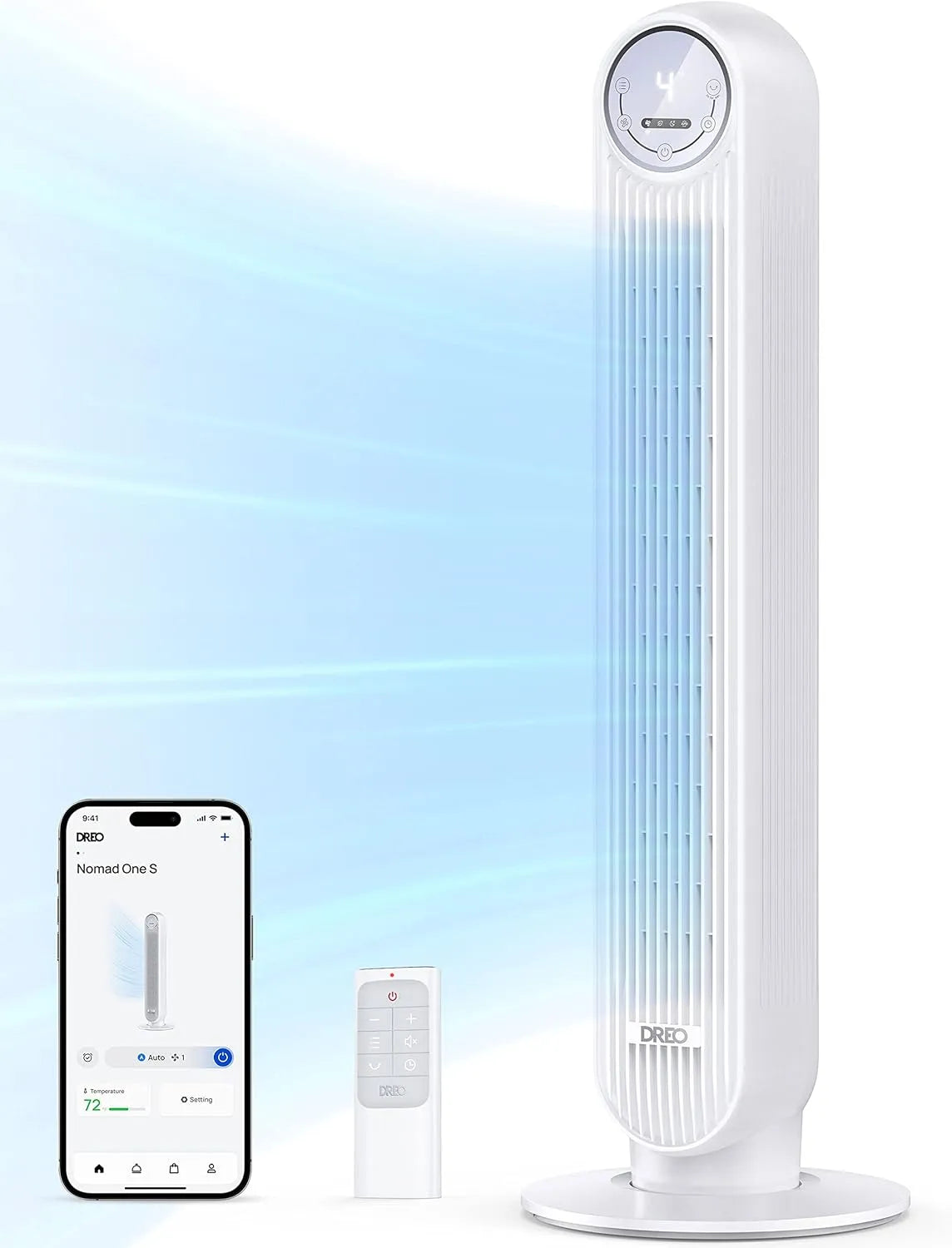 Ventilateur DREO, 4 modes, 4 niveaux de vitesse, tour intelligent avec fonction WiFi, oscillation à 90°, 4 niveaux de vitesse, minuterie 8H