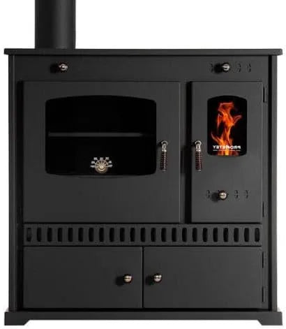 Poêle à bois Perfect Eco, gauche avec compartiment de cuisson et plaque de cuisson finition noire 7 kW