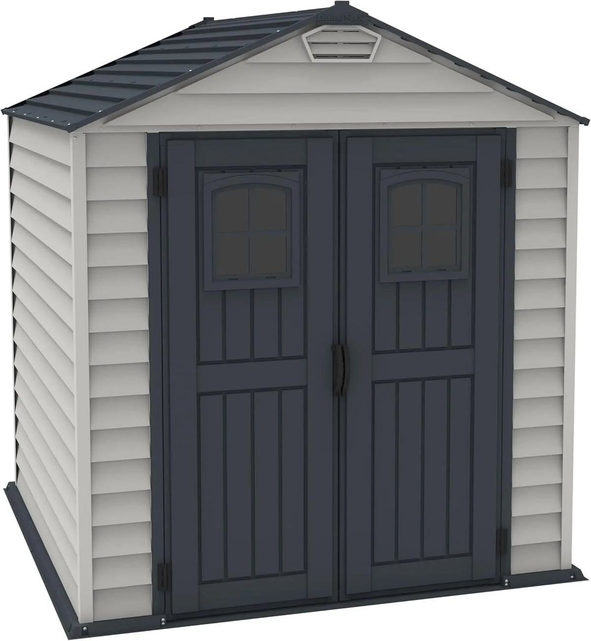 Abri de jardin, structure de toit en métal robuste, Duramax StoreMax PLUS 7 x 7, 4.44 m², finition grise foncé, Adobe