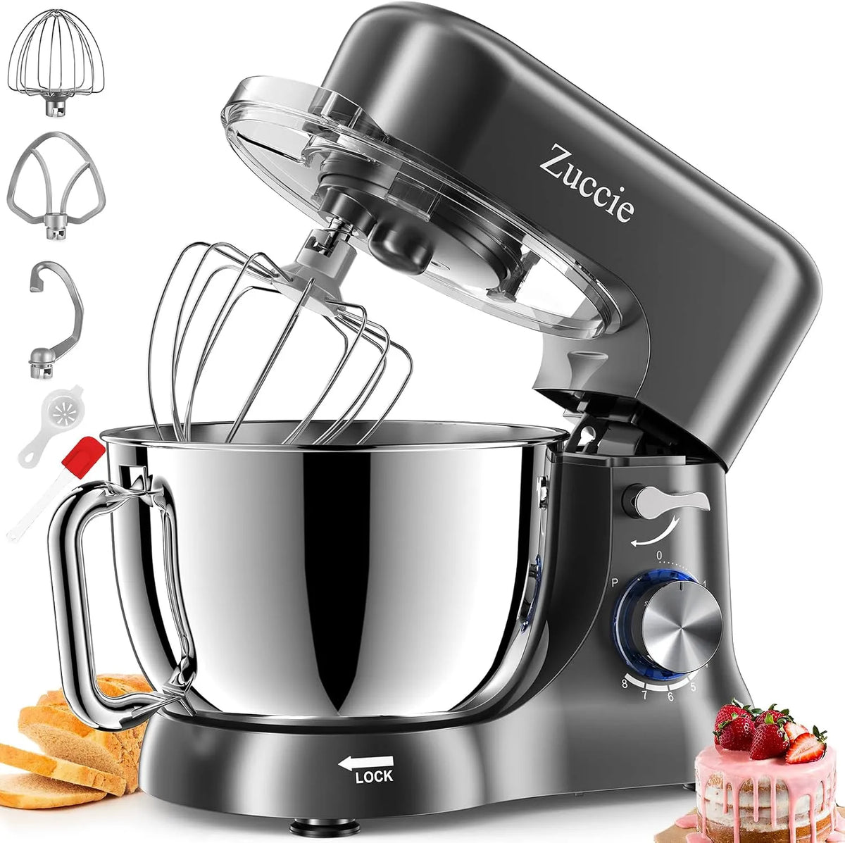 Robot pâtissier 8+P, Zuccie 5 L, puissance 1000W Robot Cuisine avec Fouet, Batteur, Crochet, Bol d'Acier Inoxydable et Pare-éclaboussures