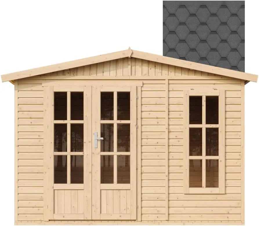 Abri de jardin M334FB+H334FBBLACK L332xP222xH232, en Bois 6 m² avec Sol, cm, Chalet de Loisirs, Maison d'Été avec Bardeaux Bitumineux Noirs