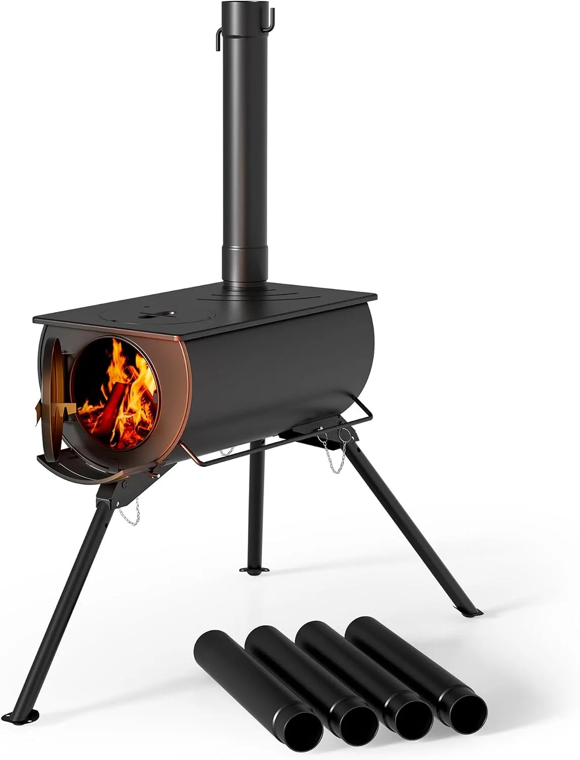 Wiltec poêle à bois, Acier doux, dimensions 540 x 810 x 2387 mm, Poêle pour tente de camping, déplacement, portable et démontable pour randonné