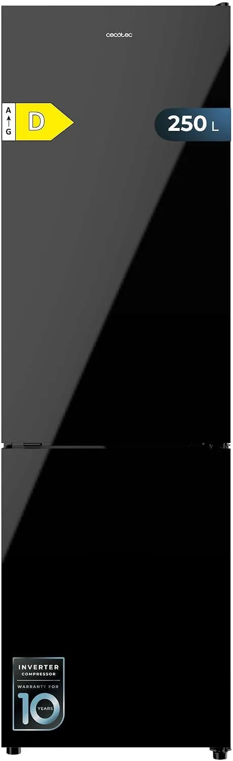 Cecotec réfrigérateur, Combiné Bolero CoolMarket 250L Black Glass D. Frigorifique classe énergétique D, Inverter Plus, No Frost, Multi Airflow
