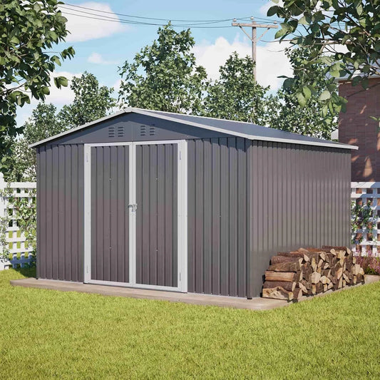 Abri de jardin 10x8FT, cabane de Jardin avec Portes coulissantes et Ventilation, pour Jardin et Stockage, en Métal 300x252x191cm, finition grise-C