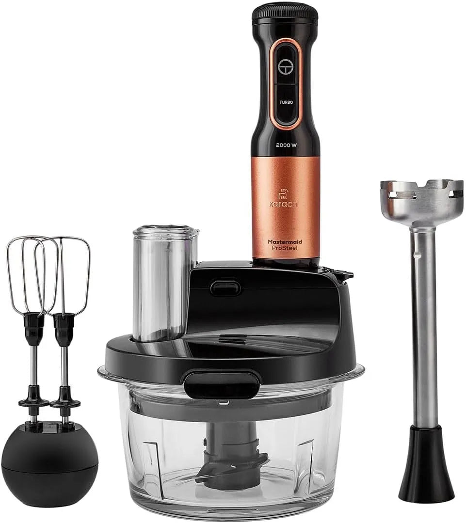 Karaca robot de cuisine, puissance 2500 W, Mastermaid en verre acier, Mixeur long, Black Copper