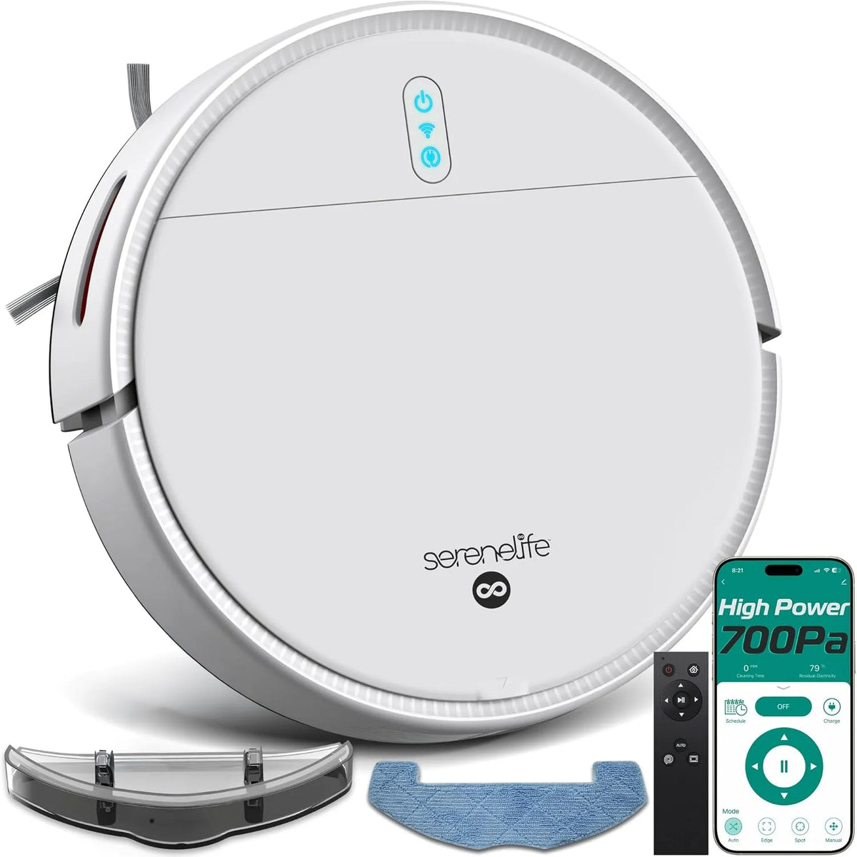 Aspirateur SereneLife Robot, Laveur 3-in-1, 3 Modes, Auto-Recharge, Anti-Chute, Nettoyage Automatique, Robot Laveur pour Sols Durs, finition blanche