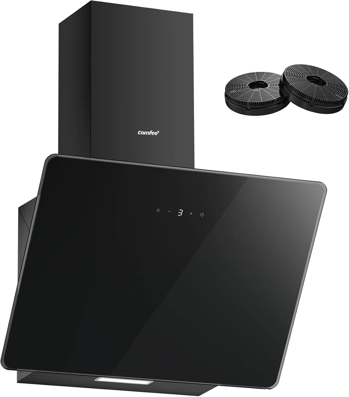 Comfee hotte aspirante CH60J64ET4A2B-EU, 60 cm en Verre Trempé, 3 Niveaux de Vitesse, 380 m³/h, Inclinée, Clase A++, Écran Tactile LED, finition noire