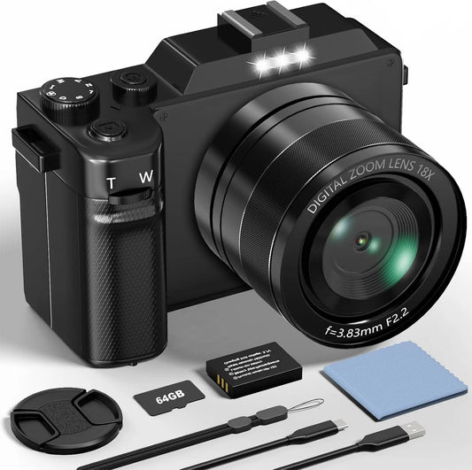 Appareil photo 64MP 64GB, 5K Digital Camera avec Carte WiFi, Numérique