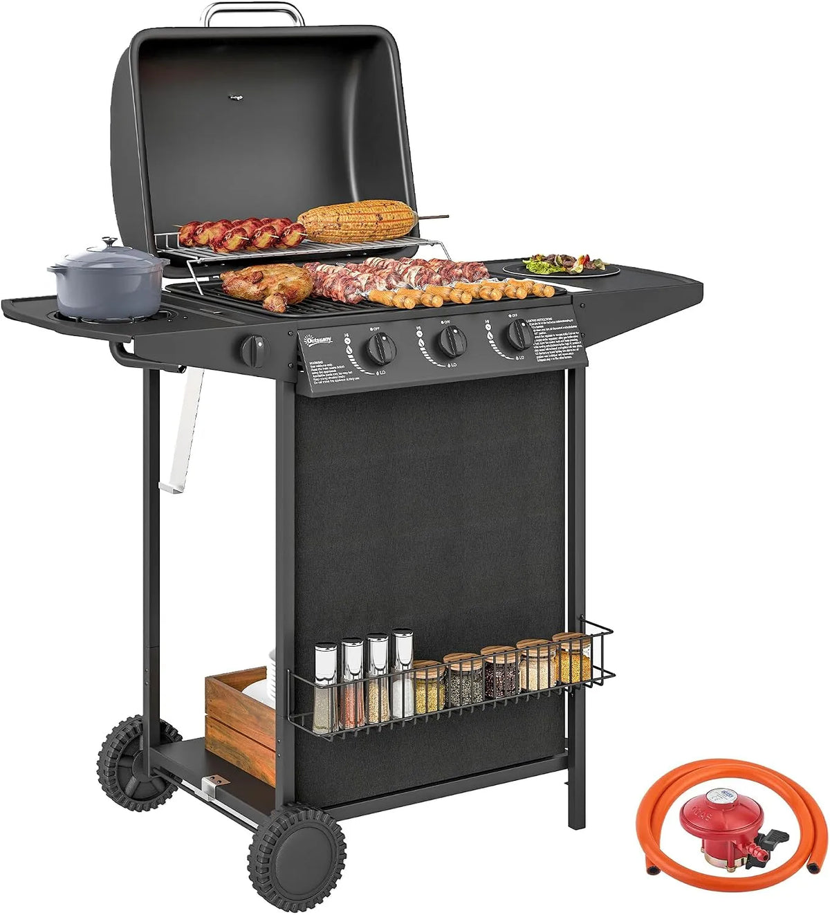 Outsunny barbecue à gaz, 3 + 1 brûleurs avec thermomètre intégré, portable avec table d'appoint, couvercle, étagère, roues, cuisine