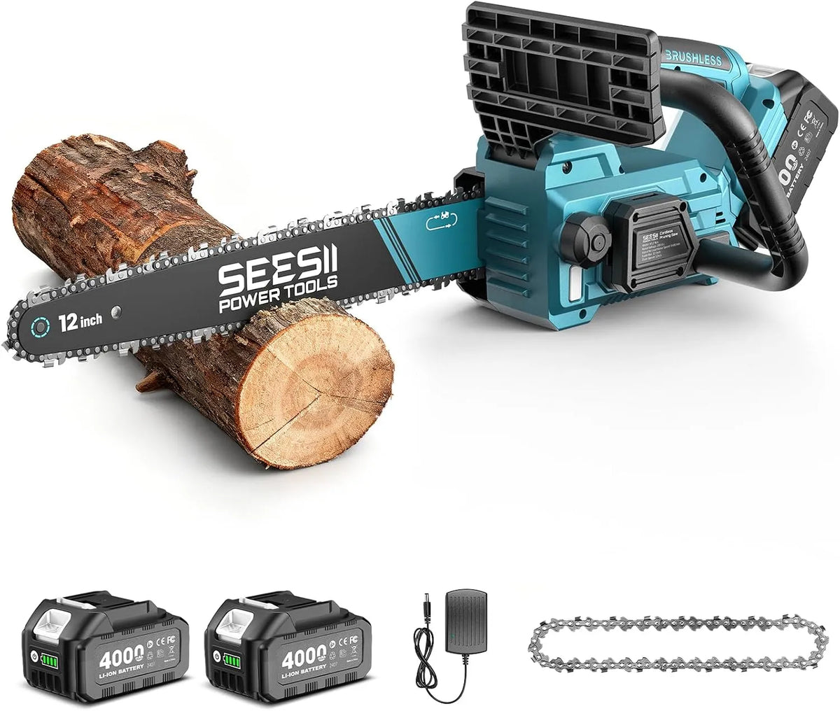 Tronçonneuse 2x4Ah, puissance 1200W Électrique Sans Fil, Batteries, Lubrification Auto, Frein Chaîne, SEESII Tronconneuse a Batterie 12 Pouces