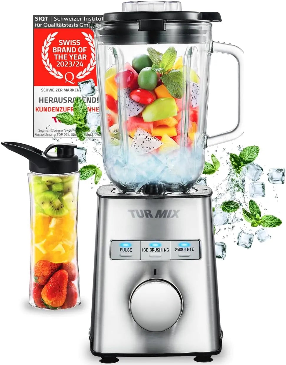 Mixeur CX 750 Turmix, couteau en acier inoxydable à 6 lames, puissance 1000 W, smoothie maker & verre 1,5 L, fonction continue & pulse