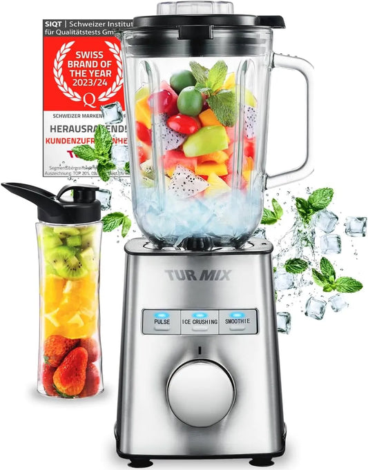 Mixeur CX 750 Turmix, couteau en acier inoxydable à 6 lames, puissance 1000 W, smoothie maker & verre 1,5 L, fonction continue & pulse