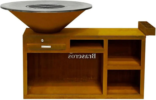 Barbecue Braséro Plancha Grill, en Acier Corten Ø100cm avec Meuble Rectangle de Rangement pour Le Bois, Jardin, Terrasse, Extérieur