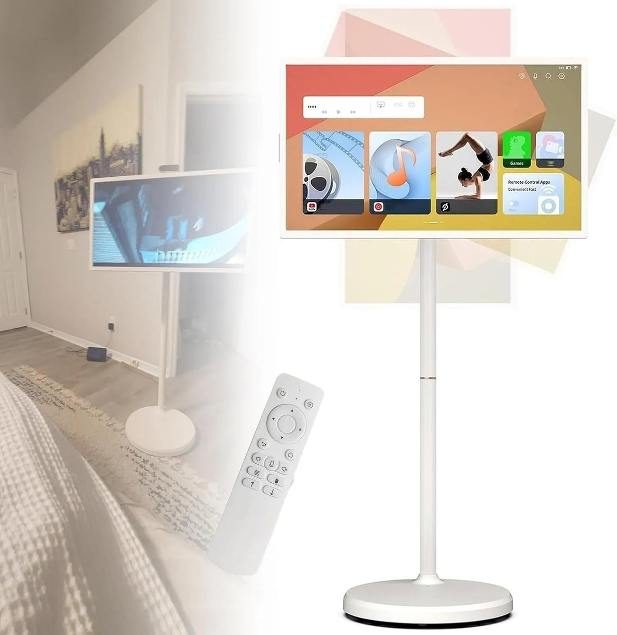 Téléviseur 1080p 6+128G, 21.5, Portable à roulettes Moniteur Tactile Intelligent Grand écran FHD Pied pivotant et réglable
