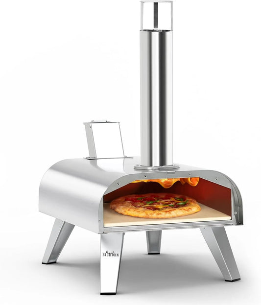 Four BIG HORN OUTDOORS, à pizza à granulés de bois de 30,5 cm, à pizza au feu de bois, Portable, En acier inoxydable, Pour fête, finition argentéeé