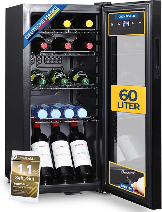 Réfrigérateur GK60, avec façade vitrée, écran tactile et serrure, finition noire, capacité 60 l, silencieux avec LED, petit pour bouteilles