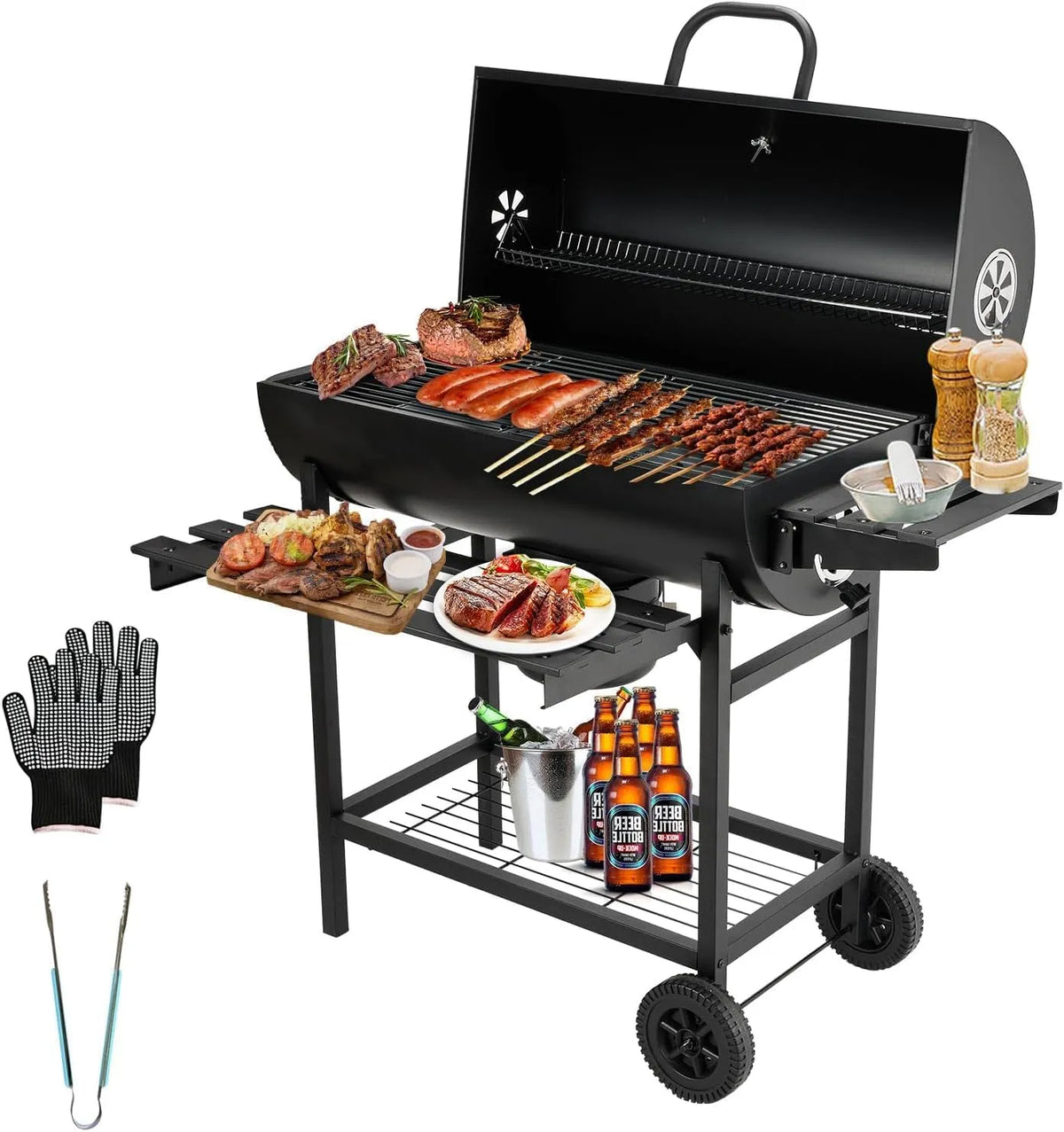 Barbecue TEENO, Grand au Charbon de Bois, avec Grille de Cuisson XXL, Gants Anti-BrûLures, ThermomèTre, Tiroir à Cendres, éVent RéGlable, Basic