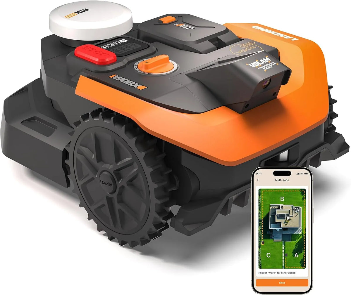 Worx tondeuse 2WD WR303E, Vision Cloud Robot, sans Fil périphérique, Navigation VSLAM + RTK Cloud, jusqu'à 300 m², contrôle Via l'application