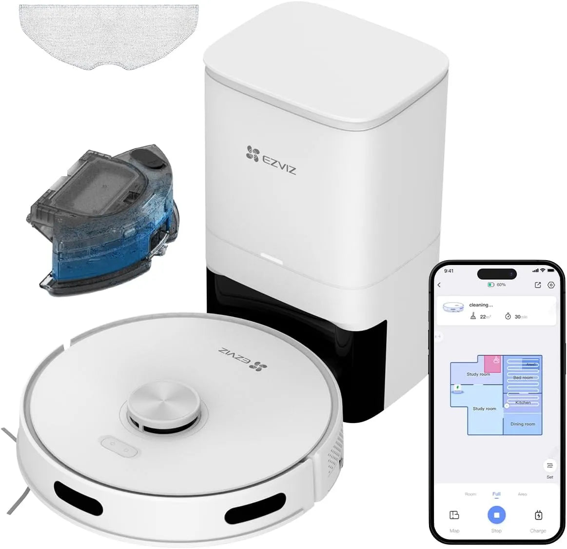 Aspirateur RE5 EZVIZ Plus Robot, EZVIZ Plus Robot Laveur avec Station Vidange Automatique Poussière, Aspiration 4000Pa, 300 m², Navigation LiDAR
