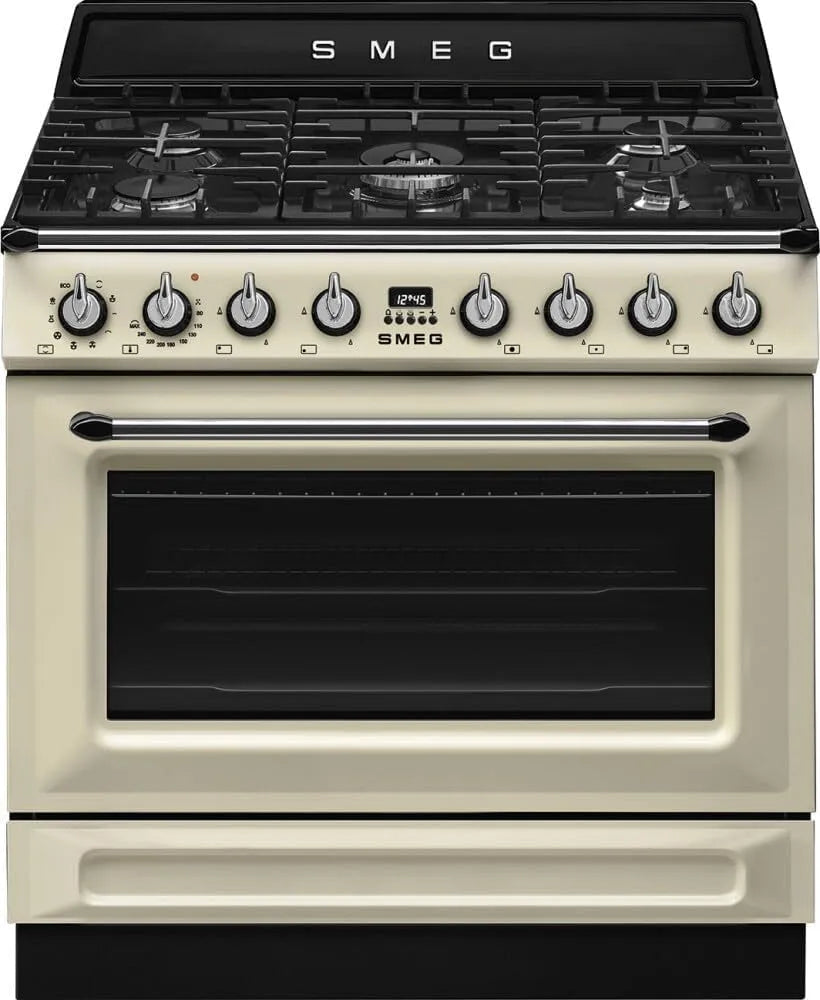 Smeg cuisinière à gaz TR90GMP, Cuisine 90 cm, four électrique multifonctionnel, 5 feux, classe énergétique A, modèle Victoria, couleur crème