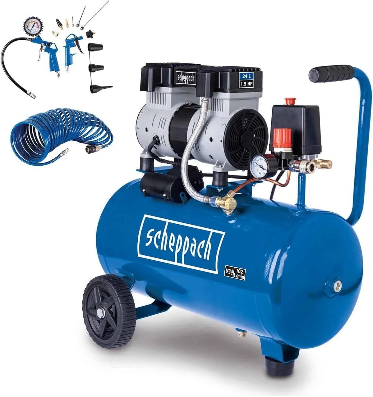 Scheppach compresseur HC26Si, tension 230 V, 8 bars, d'air, Sans huile & Peu d'entretien, Cuve 24 L, Capacité d'aspiration 162 L/min