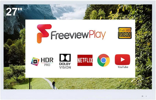 Téléviseur 1080p W27 Soulaca, LED finition blanche Intelligent 27 Pouces pour Salle de Bain, système Android 14.0, Modèle 2026, étanche