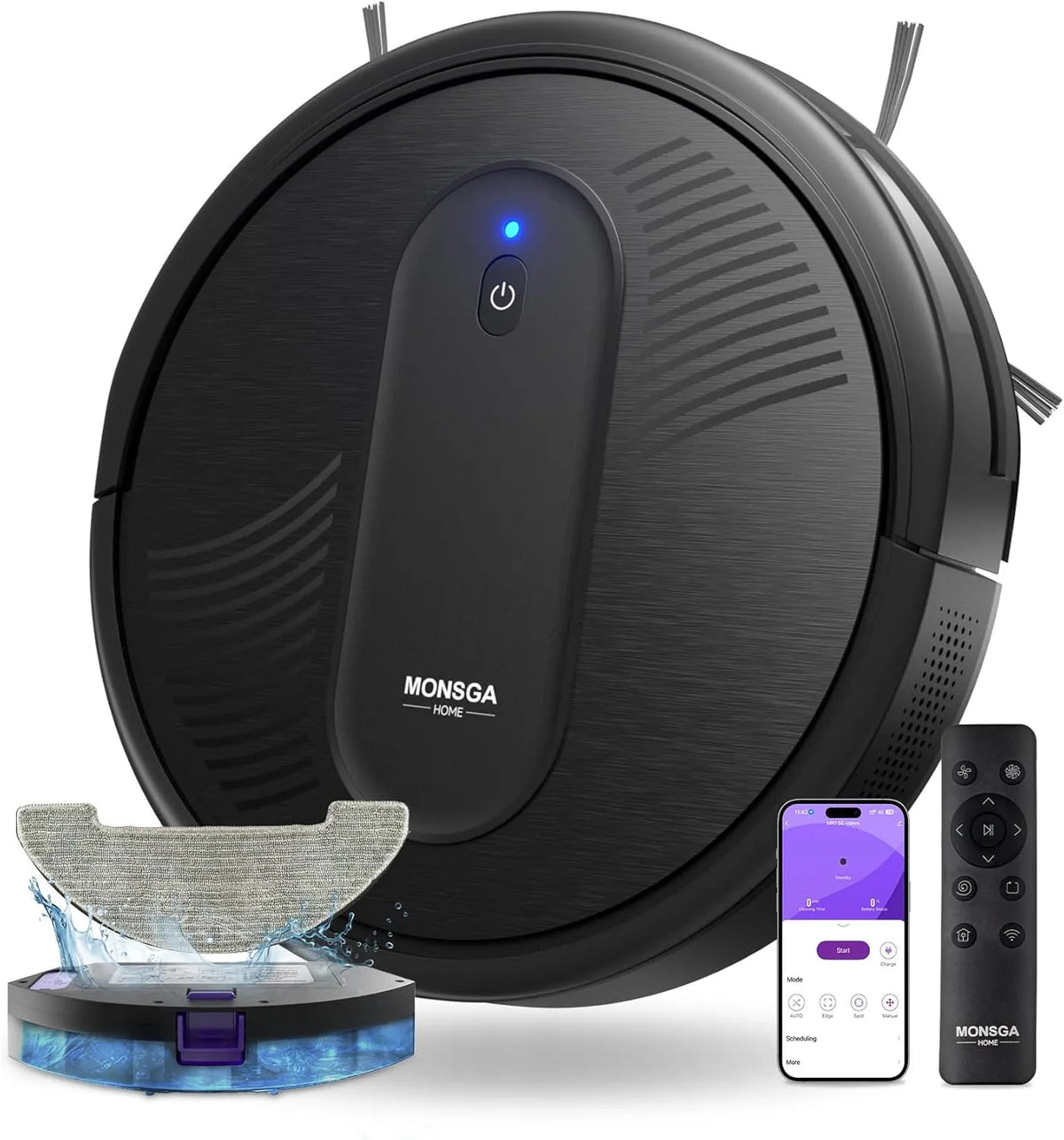 Aspirateur robot MONSGA, 4000Pa de Pression d'Aspiration, Autonomie de 140 Min, Capteurs Anti-Chute et Brosse Multifonction, TotalSurface