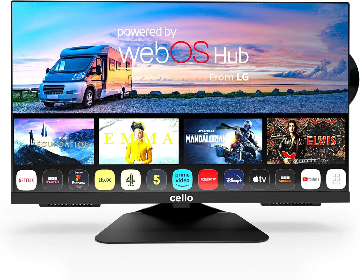 Téléviseur C2224WSF Cello, Intelligent sans Cadre 12V 22 Pouces avec Lecteur DVD intégré, WebOS Play Ultra-Rapide, Haut-parleurs au Son, Bluetooth
