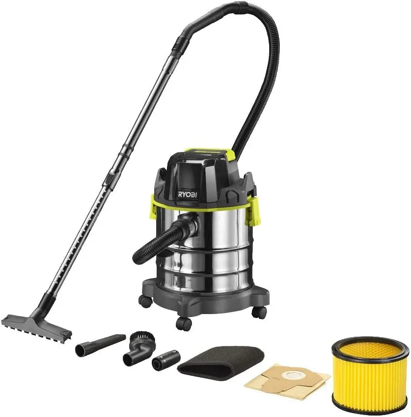 Ryobi aspirateur R18WDV-0, Eau et Poussière Sans Fil 18V ONE+, Cuve 11L, Tuyau 1,8 m, Accessoires Inclus, Nettoyage Garage, Atelier, Voiture